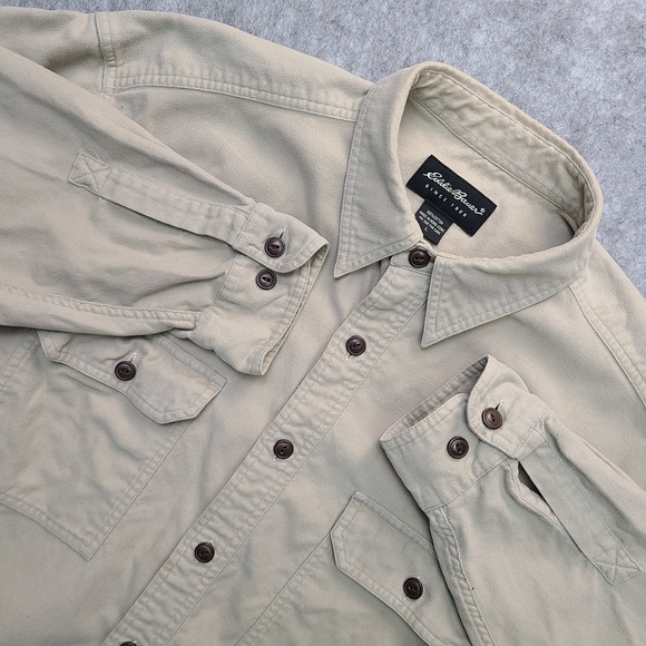 Vintage Eddie Bauer Chamois Shirt Mens LARGE Beige Button Up Soft Flannel‎ Heavy - Picture 1 of 9
